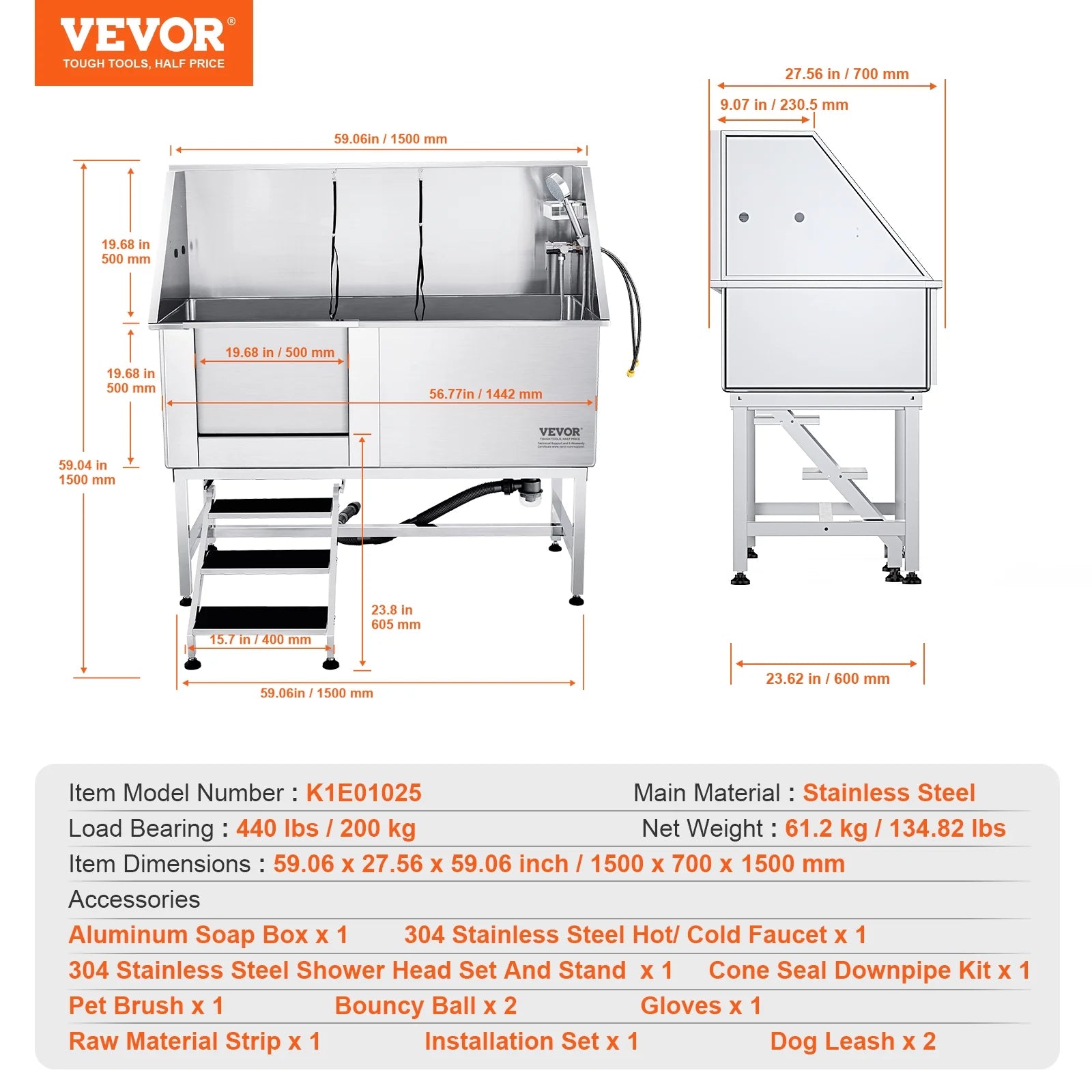 62" Pet Bathing Station, Professional Stainless Steel Pet Grooming Tub, 440Lbs Load Capacity Dog Washing Station Pet Grooming Tub for Home with Sliding Door, Faucet, Left Steps