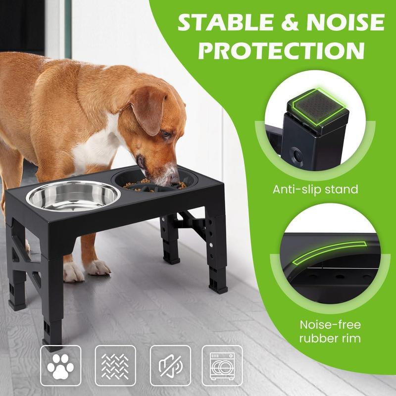 Niubya Elevated Dog Bowls, 5 Adjustable Heights Raised Dog Bowl Stand, with 2 Stainless Steel Dog Food Bowls and 1 Slow Feeder Dog Bowl, Adjusts to Height 3.2" to 12.2" for Small Medium Large Dogs