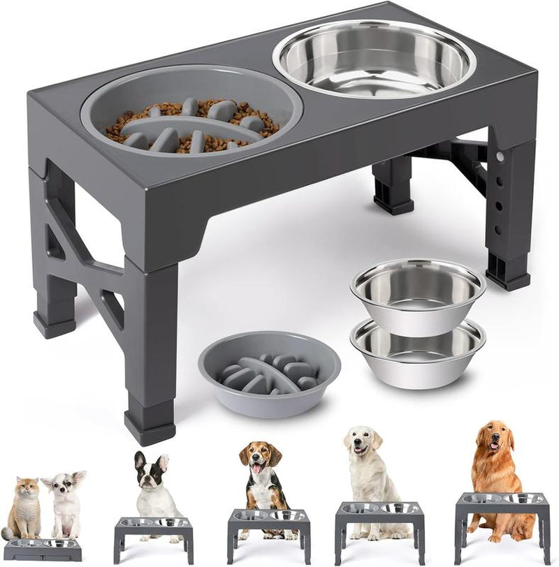 Niubya Elevated Dog Bowls, 5 Adjustable Heights Raised Dog Bowl Stand, with 2 Stainless Steel Dog Food Bowls and 1 Slow Feeder Dog Bowl, Adjusts to Height 3.2" to 12.2" for Small Medium Large Dogs