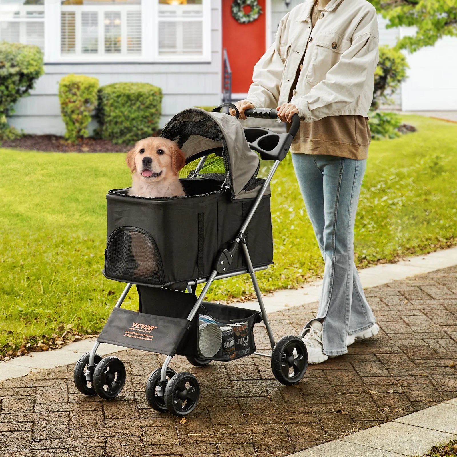 VEVOR Pet Stroller, 4 Wheels Dog Stroller Rotate with Brakes, 35Lbs Weight Capacity, Puppy Stroller with Detachable Carrier, Storage Basket and Cup Holder, for Dogs and Cats Travel, Black+Dark Grey