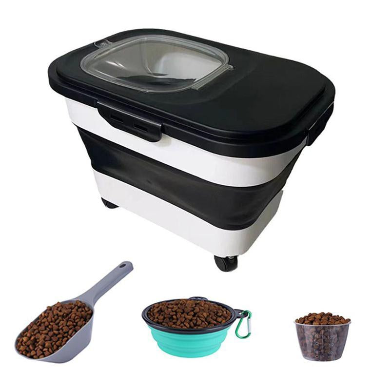 Pet Food Storage Box with Lid & Wheels, Foldable Pet Food Storage Container with Scoop, Measuring Cup & Travel Bowl, Large Capacity Food Storage Box for Home Kitchen