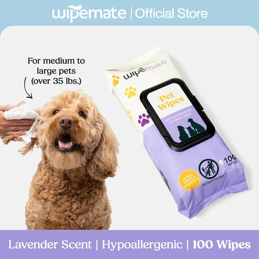 Wipemate Lavender XL Pet Wipes for Medium to Large Dogs & Cats, No-Rinse Solution, Hypoallergenic, Gentle, Deodorizing - Pet Wipes for Cleans Paws, Ears, Fur, Butt, & Anal Glands (100 Count)