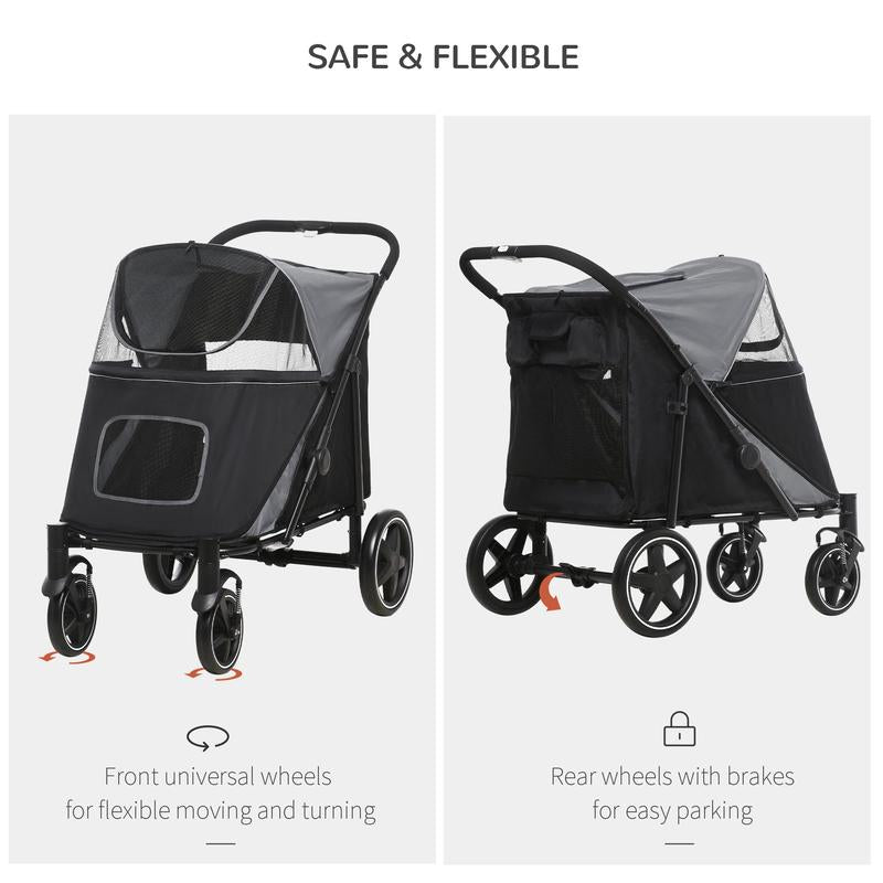 Halo Mall One-Click Foldable Doggy Stroller for Medium Large Dogs, Pet Stroller with Storage, Smooth Ride with Shock Absorption, Mesh Window, Safety Leash, Big Dog Walking Stroller, Gray