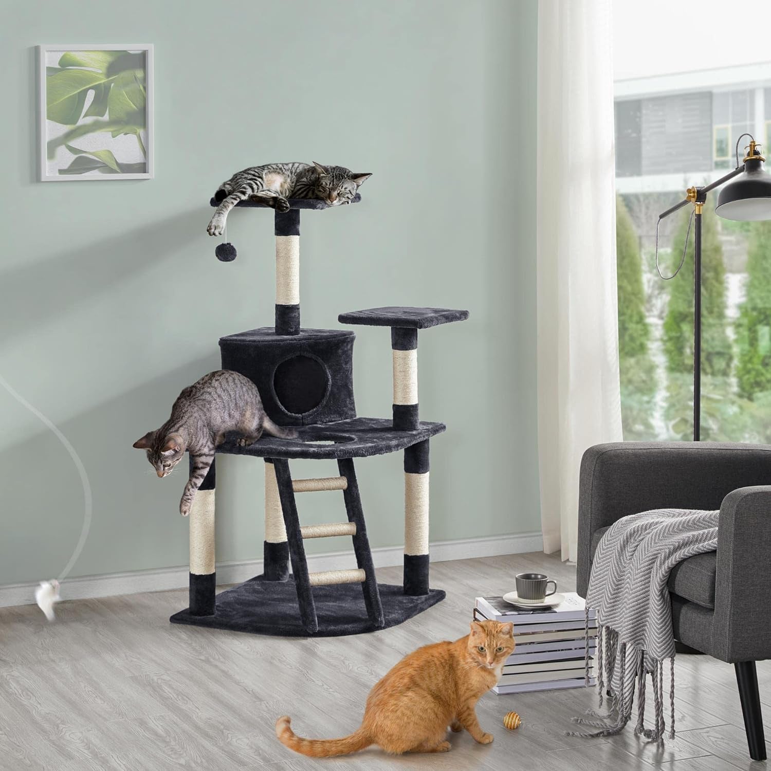 47.5'' H Cat Tree Cat Tower, Cat Scratching Post with Warm Condo Cozy Platform Funny Dangling Ball as Indoor Cats Activity Center for Play & Rest