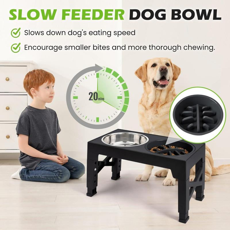 Niubya Elevated Dog Bowls, 5 Adjustable Heights Raised Dog Bowl Stand, with 2 Stainless Steel Dog Food Bowls and 1 Slow Feeder Dog Bowl, Adjusts to Height 3.2" to 12.2" for Small Medium Large Dogs