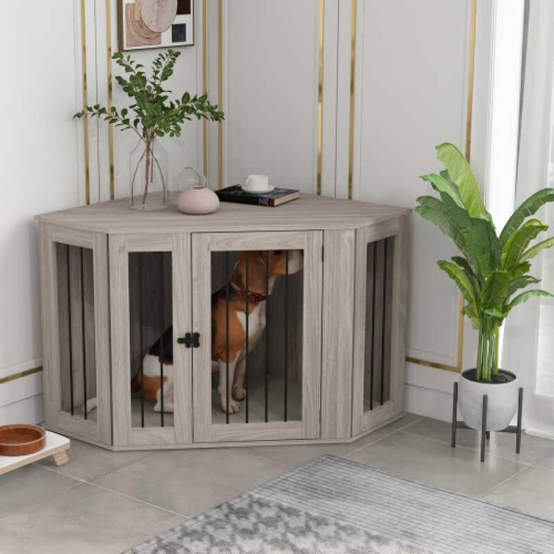 Corner Furniture End Table Kennel with Cushion Pet Crate for Large Sized Dog Indoor Use Walnut Brown