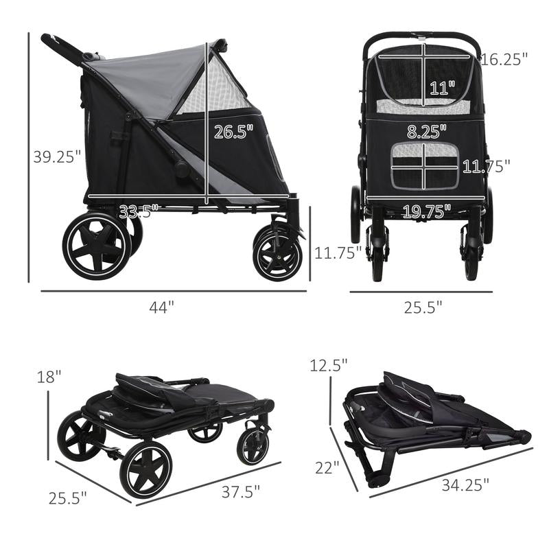 Halo Mall One-Click Foldable Doggy Stroller for Medium Large Dogs, Pet Stroller with Storage, Smooth Ride with Shock Absorption, Mesh Window, Safety Leash, Big Dog Walking Stroller, Gray