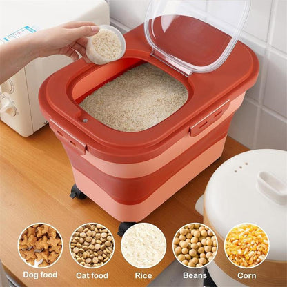 Pet Food Storage Box with Lid & Wheels, Foldable Pet Food Storage Container with Scoop, Measuring Cup & Travel Bowl, Large Capacity Food Storage Box for Home Kitchen