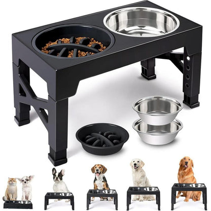 Niubya Elevated Dog Bowls, 5 Adjustable Heights Raised Dog Bowl Stand, with 2 Stainless Steel Dog Food Bowls and 1 Slow Feeder Dog Bowl, Adjusts to Height 3.2" to 12.2" for Small Medium Large Dogs