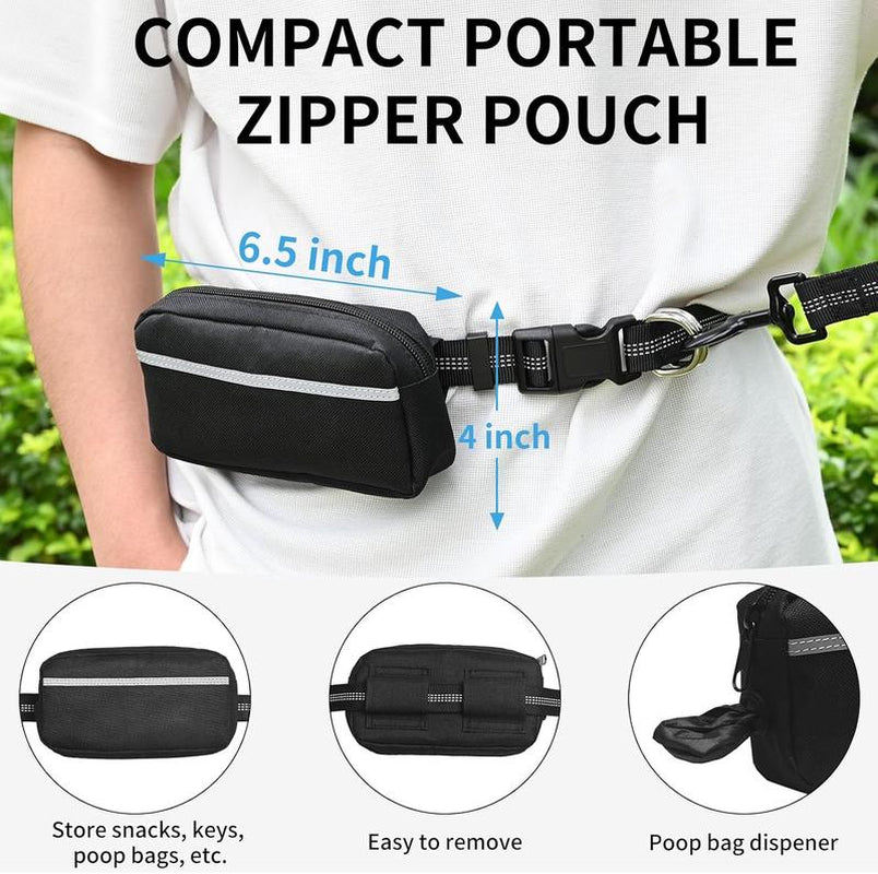 Hands-Free Dog Leash with Zipper Pouch–Retractable Bungee Waist Leash with Dual Padded Handles and Fanny Pack for Training, Walking, Running, and Hiking with Medium to Large Dogs