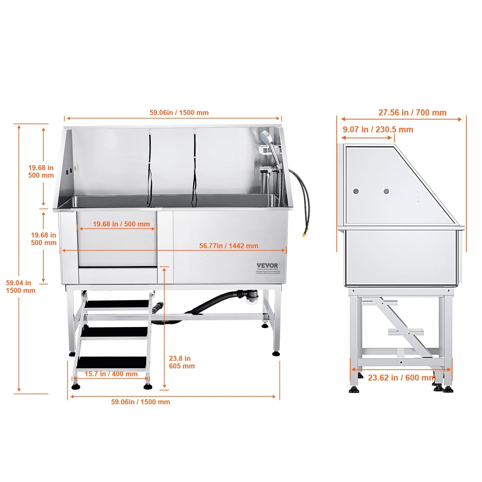 62" Pet Bathing Station, Professional Stainless Steel Pet Grooming Tub, 440Lbs Load Capacity Dog Washing Station Pet Grooming Tub for Home with Sliding Door, Faucet, Left Steps