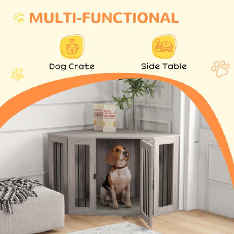 Corner Furniture End Table Kennel with Cushion Pet Crate for Large Sized Dog Indoor Use Walnut Brown