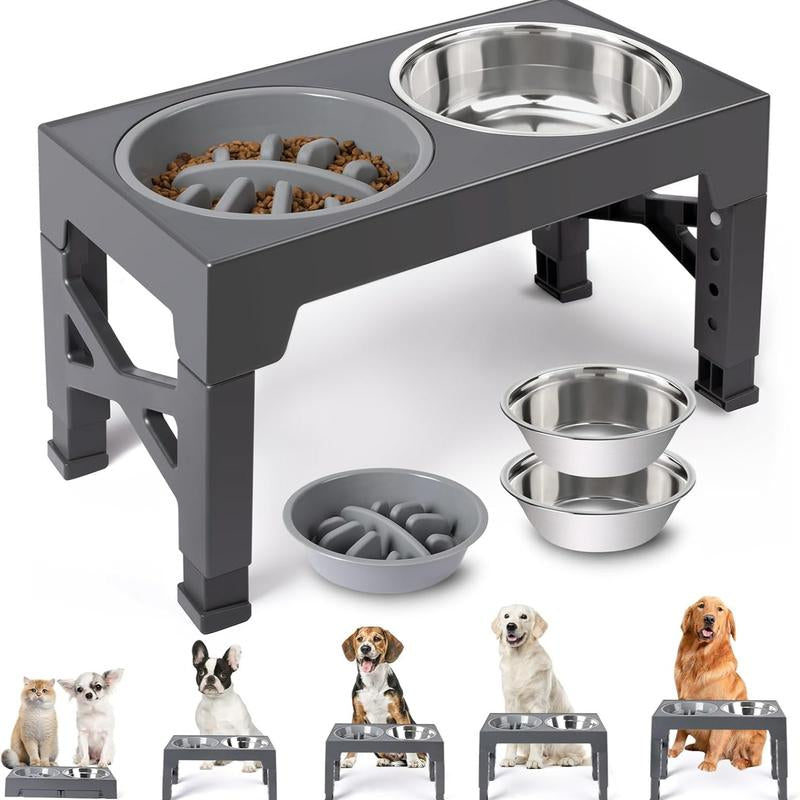 Niubya Elevated Dog Bowls, 5 Adjustable Heights Raised Dog Bowl Stand, with 2 Stainless Steel Dog Food Bowls and 1 Slow Feeder Dog Bowl, Adjusts to Height 3.2" to 12.2" for Small Medium Large Dogs