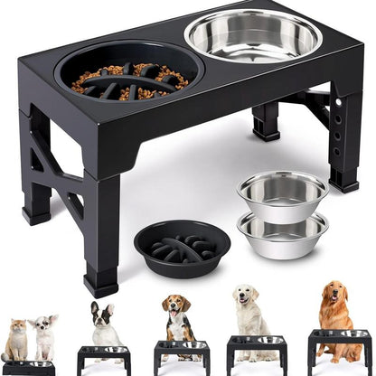 Niubya Elevated Dog Bowls, 5 Adjustable Heights Raised Dog Bowl Stand, with 2 Stainless Steel Dog Food Bowls and 1 Slow Feeder Dog Bowl, Adjusts to Height 3.2" to 12.2" for Small Medium Large Dogs