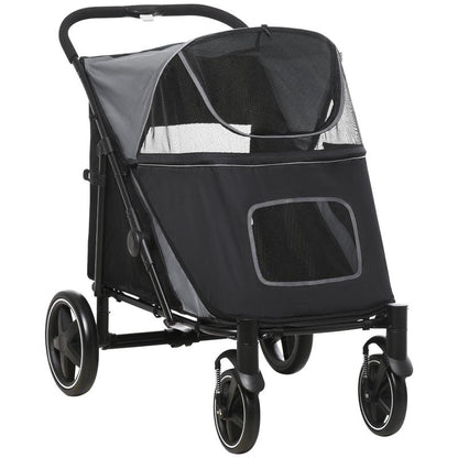 Halo Mall One-Click Foldable Doggy Stroller for Medium Large Dogs, Pet Stroller with Storage, Smooth Ride with Shock Absorption, Mesh Window, Safety Leash, Big Dog Walking Stroller, Gray