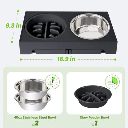 Niubya Elevated Dog Bowls, 5 Adjustable Heights Raised Dog Bowl Stand, with 2 Stainless Steel Dog Food Bowls and 1 Slow Feeder Dog Bowl, Adjusts to Height 3.2" to 12.2" for Small Medium Large Dogs