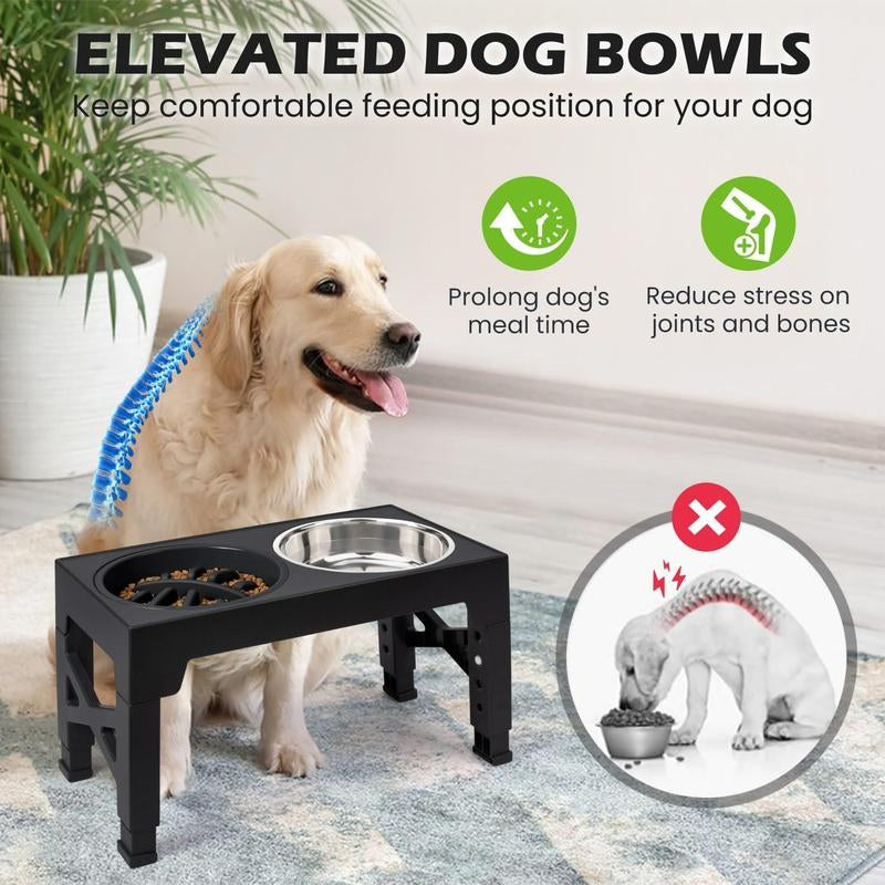 Niubya Elevated Dog Bowls, 5 Adjustable Heights Raised Dog Bowl Stand, with 2 Stainless Steel Dog Food Bowls and 1 Slow Feeder Dog Bowl, Adjusts to Height 3.2" to 12.2" for Small Medium Large Dogs