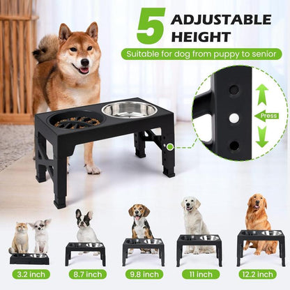 Niubya Elevated Dog Bowls, 5 Adjustable Heights Raised Dog Bowl Stand, with 2 Stainless Steel Dog Food Bowls and 1 Slow Feeder Dog Bowl, Adjusts to Height 3.2" to 12.2" for Small Medium Large Dogs