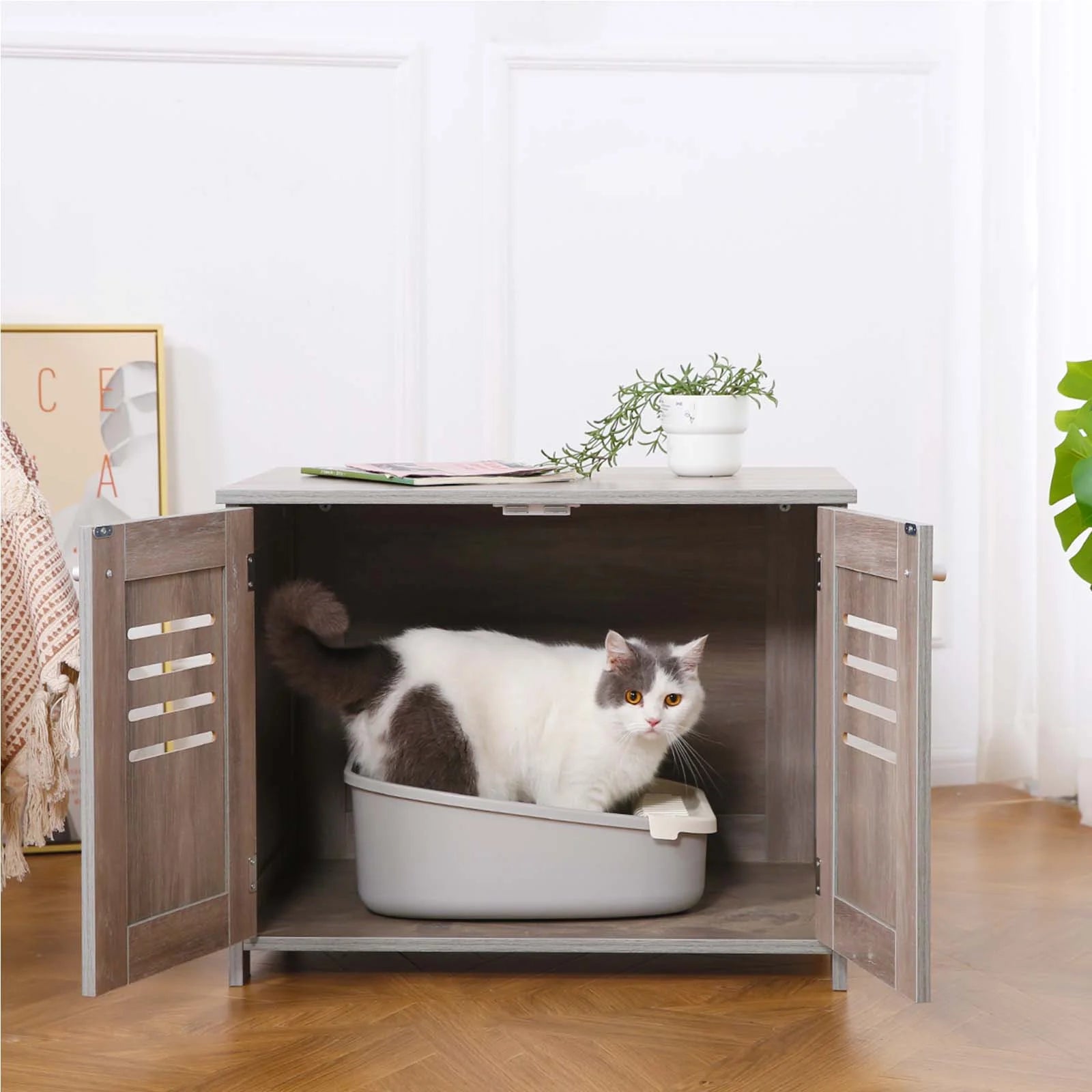 Cat Litter Box Enclosure, Litter Box Furniture, Antique Grey, Size 27.6X20.27X21.65"