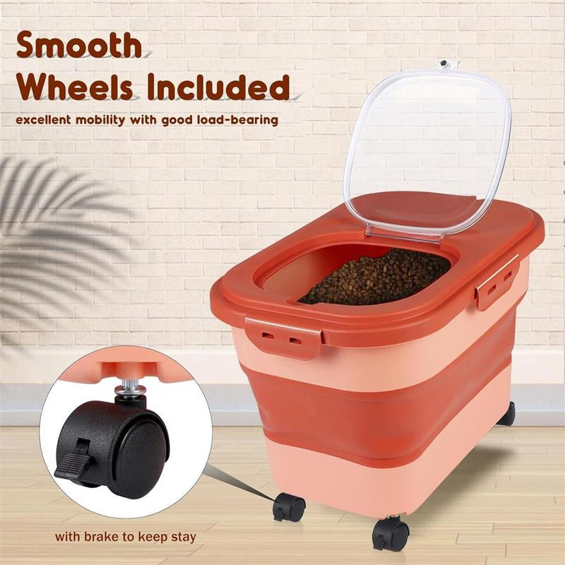 Pet Food Storage Box with Lid & Wheels, Foldable Pet Food Storage Container with Scoop, Measuring Cup & Travel Bowl, Large Capacity Food Storage Box for Home Kitchen